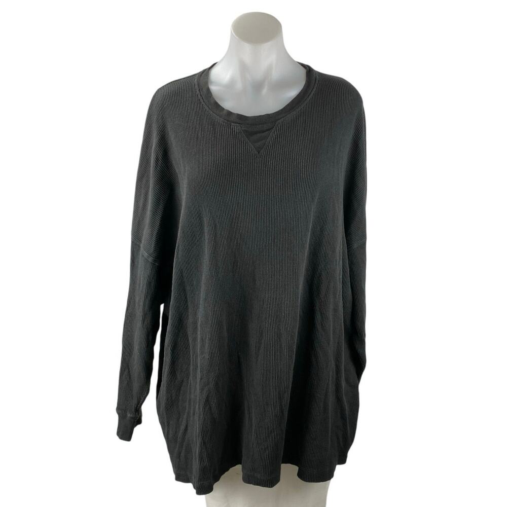 Free People Women's Gray Black Long Sleeve Rib Knit Pullover Sweater Top Size L